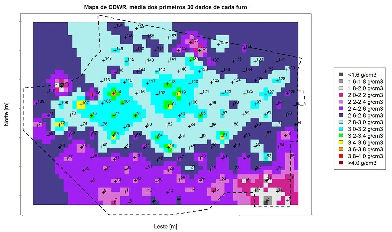 Geostatistical density map modeled from borehole geophysical logs in a mining project
